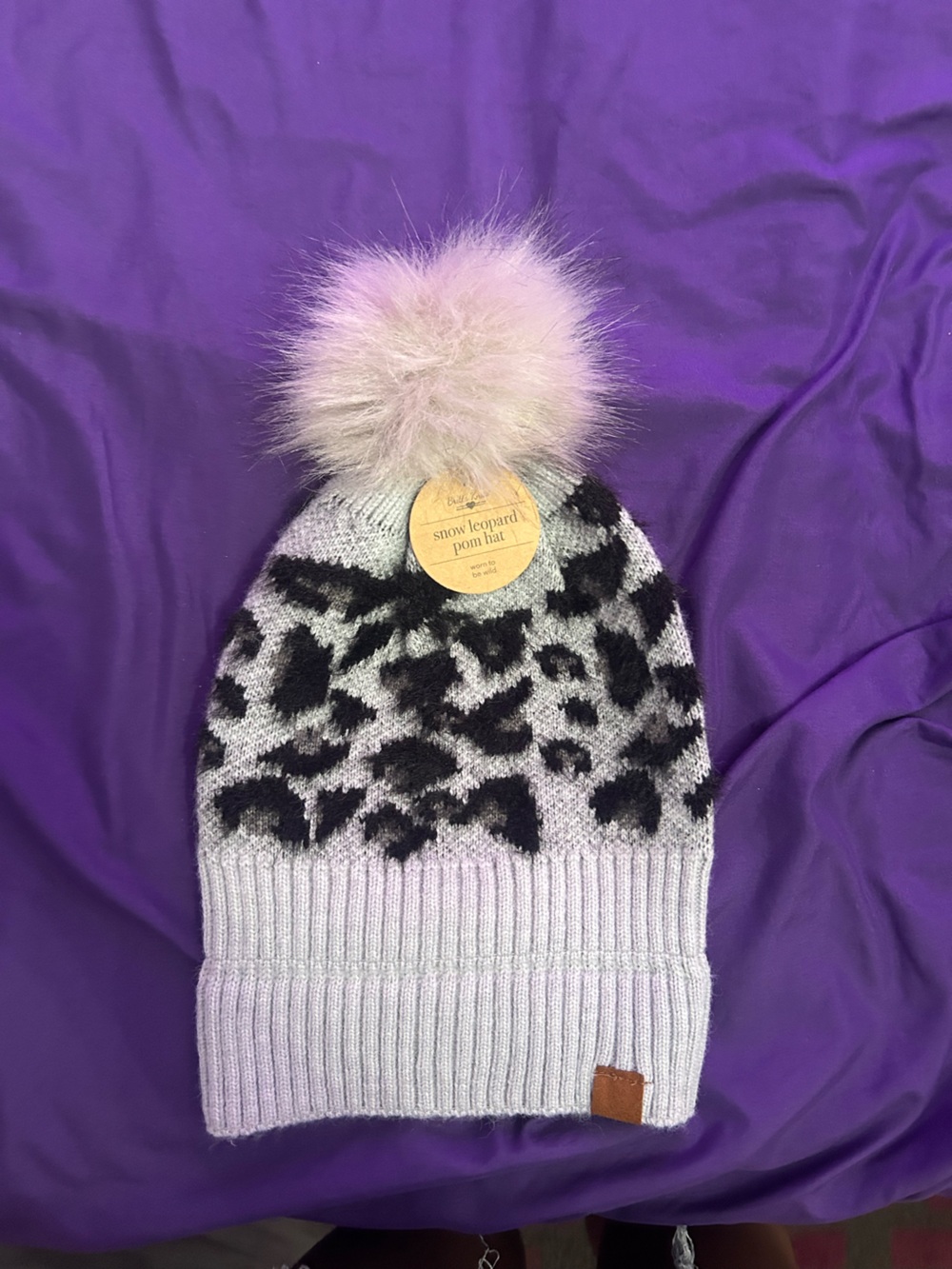 Kids Grey Leopard Knit Pom Beanie with Faux Fur Pom